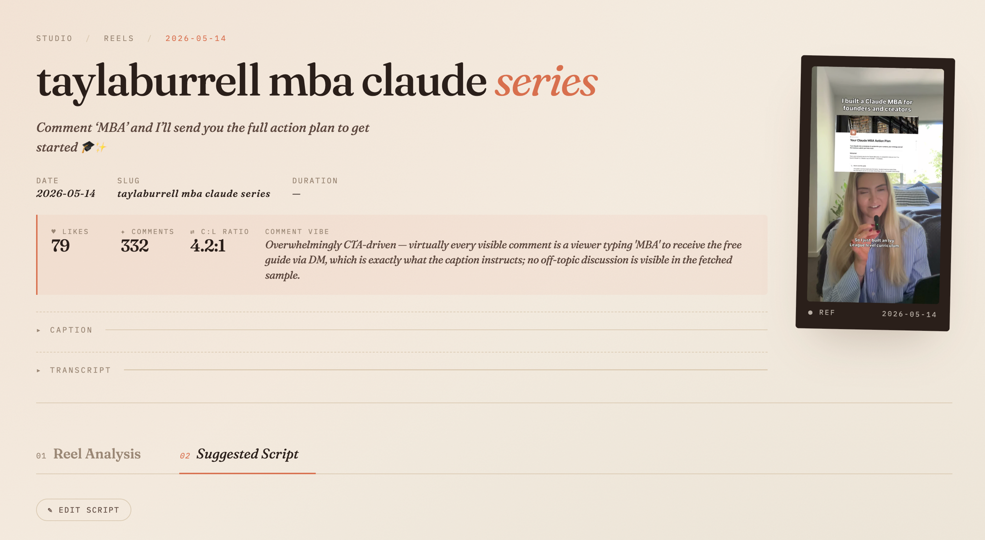 Social Media Content Studio — reel analysis and suggested script view